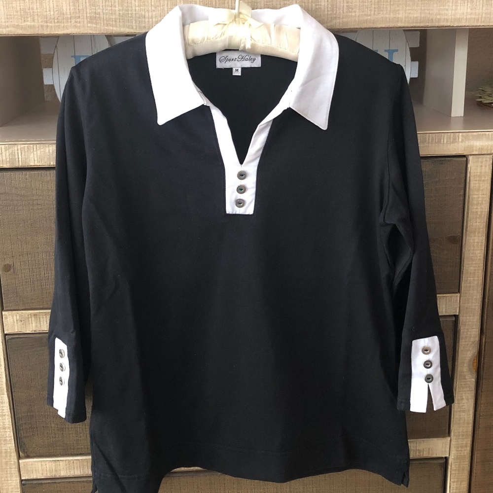 SPORT HAYLEY GOLF SHIRT BLACK WITH WHITE COLLAR V NECK SIZE M